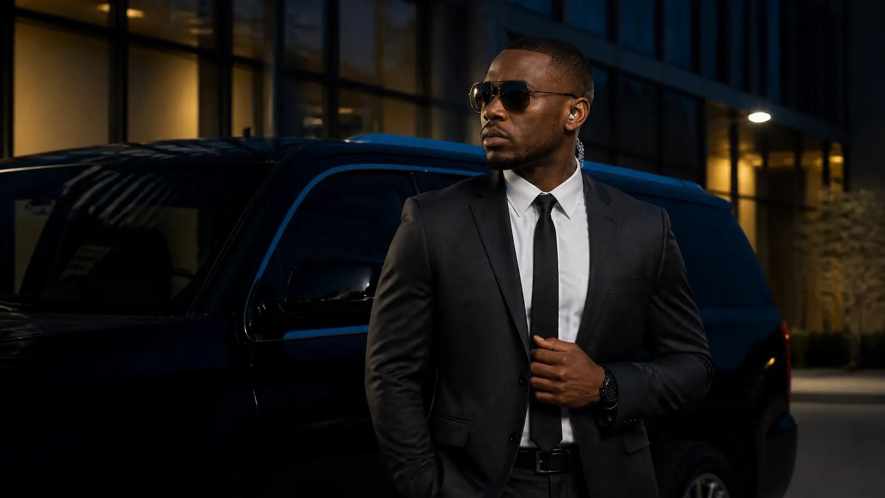Protection officer standing beside an executive vehicle outside a modern office building