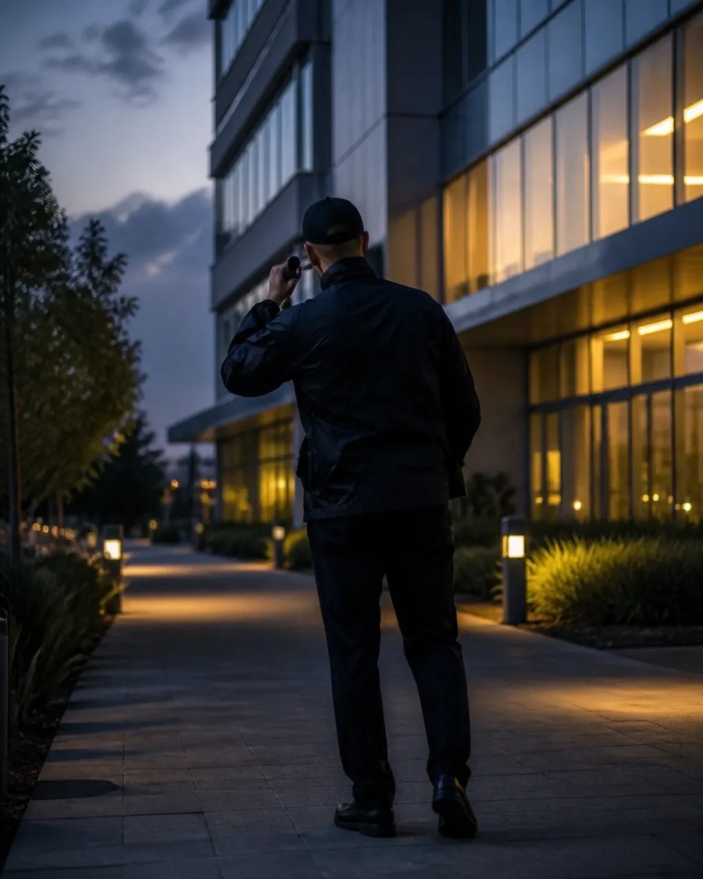 Security officer walking a commercial property perimeter at dusk