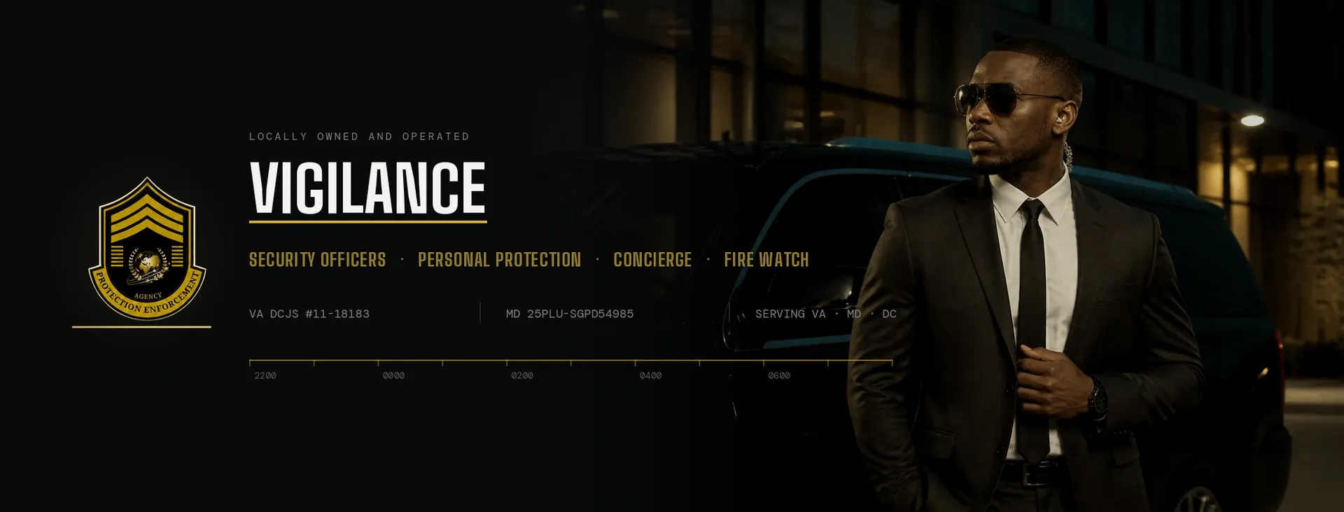 Protection Enforcement Agency vigilance banner featuring the agency crest, a personal protection officer, security services, Virginia DCJS number 11-18183, Maryland identifier 25PLU-SGPD54985, and service area Virginia, Maryland, and DC